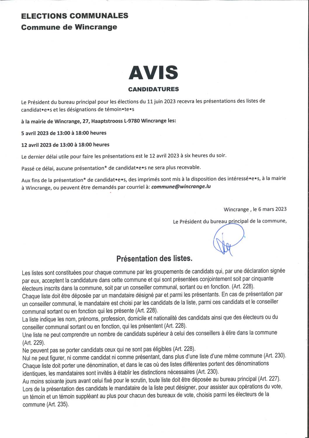 AVIS: Présentation des candidatures aux élections communales du 11 juin 2023