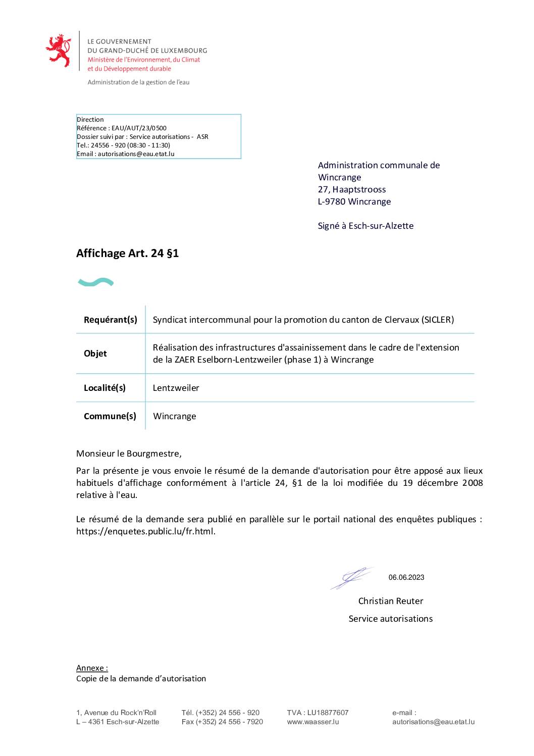 Demande d’autorisation – réalisation des infrastructures d’assainissement dans le cadre de l’extension de la ZAER Eselborn-Lentzweiler (phase 1) à Wincrange