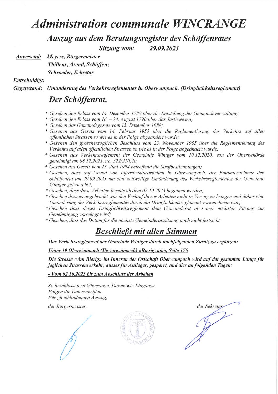 Règlement de circulation:  route "am Bierig" à Oberwampach barrée, à partir du 2 octobre 2023 jusqu'à finalisation des travaux