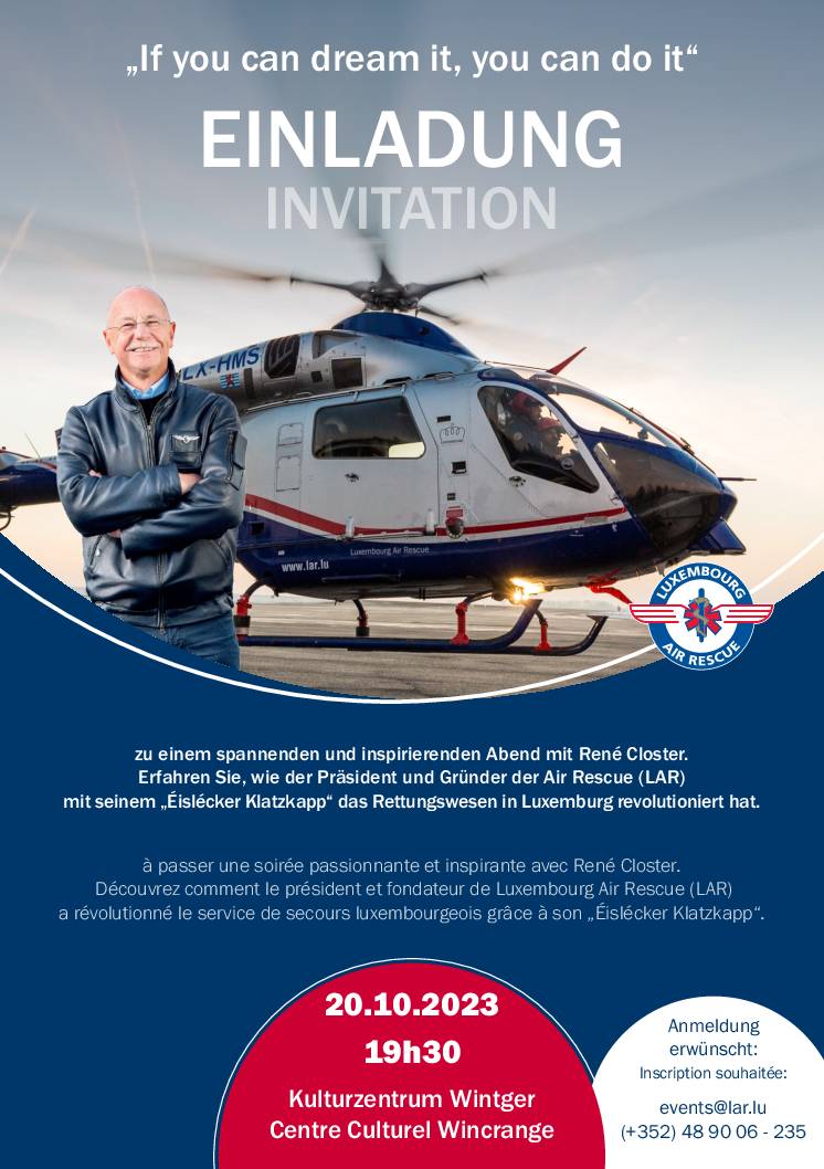 Invitation: Soirée Luxembourg Air Rescue (LAR) le 20 octobre 2023 au Centre culturel à Wincrange