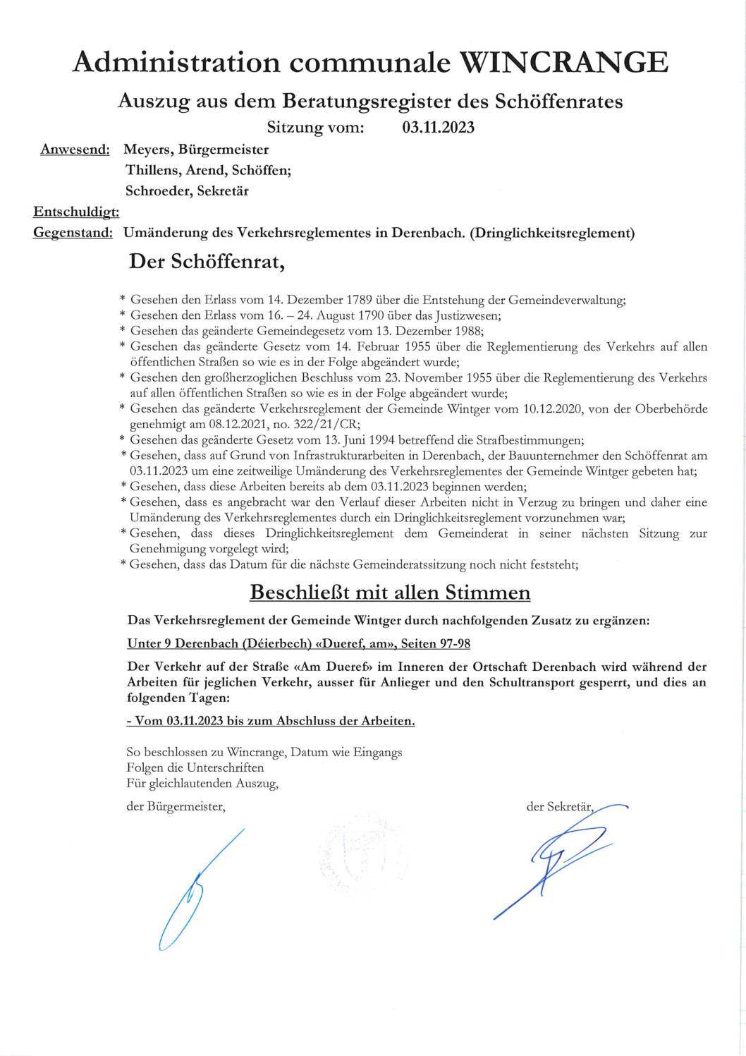 Règlement de circulation: route "Am Dueref" à Derenbach barrée, du 3 novembre 2023 jusqu'à finalisation des travaux