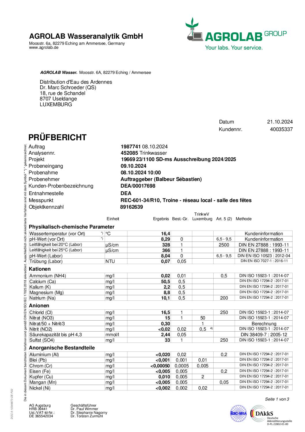 Analyse de l'eau potable - Troine réseau local (salle des fêtes)