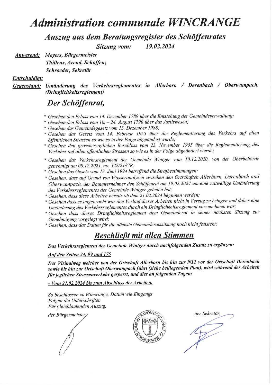 Allerborn-Derenbach-Oberwampach chemin barré à toute circulation à partir du 21.02.2024