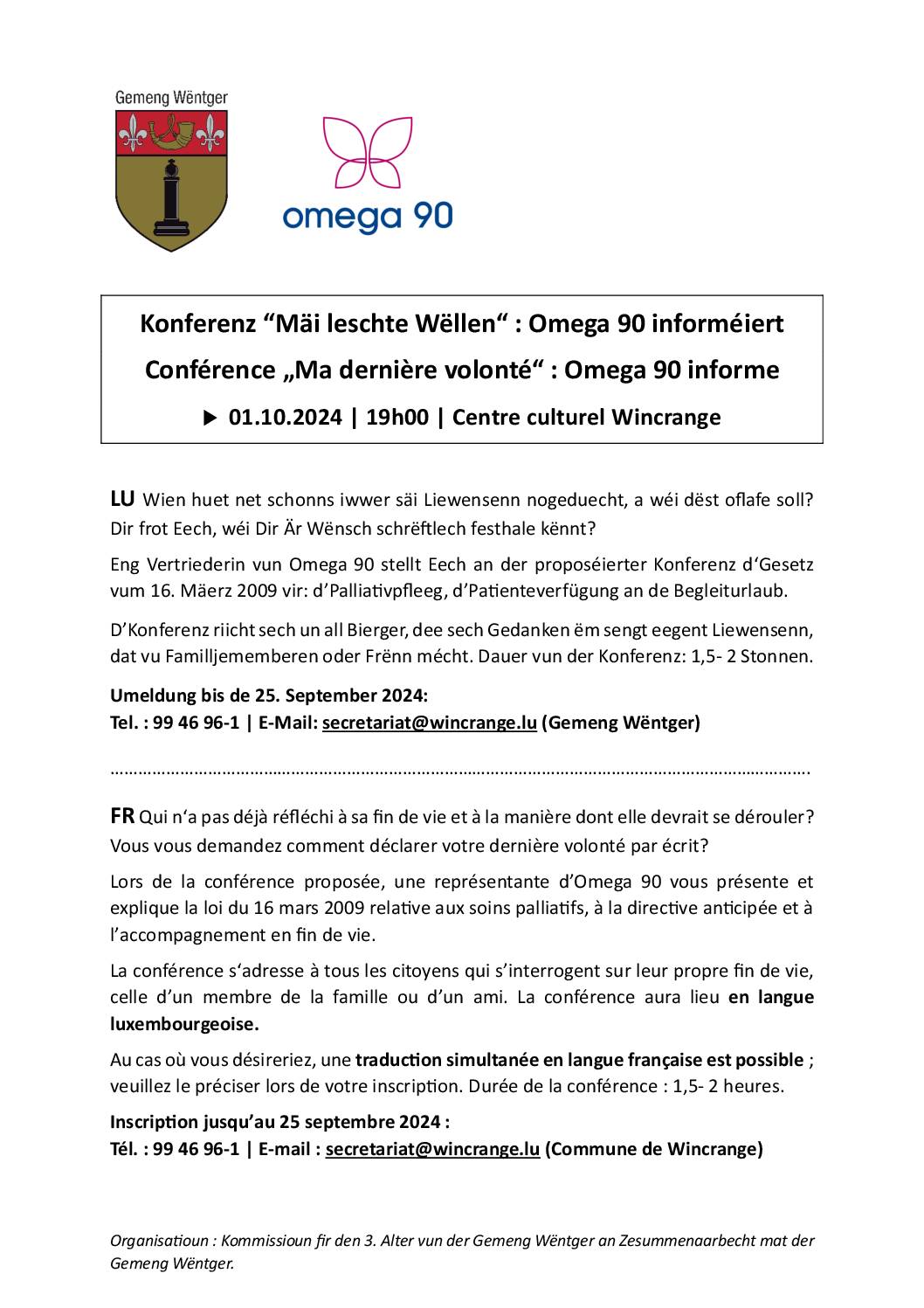 Konferenz « Mäi leschte Wëllen »: Omega 90 informéiert