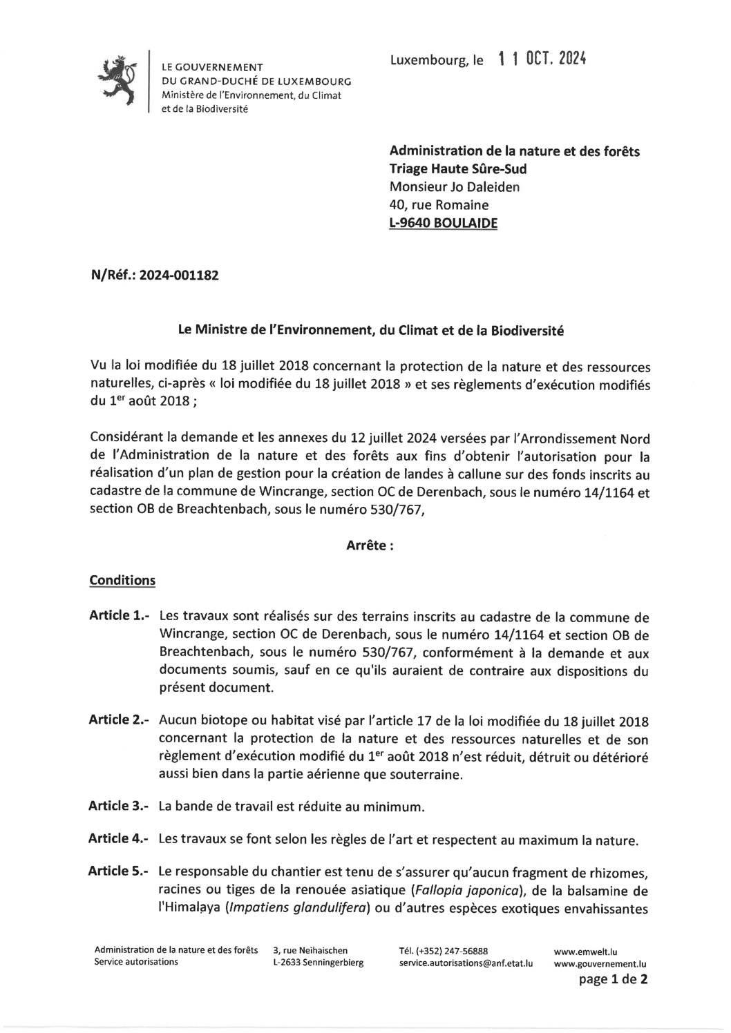 Autorisation: réalisation d'un plan de gestion pour la création de landes à callune