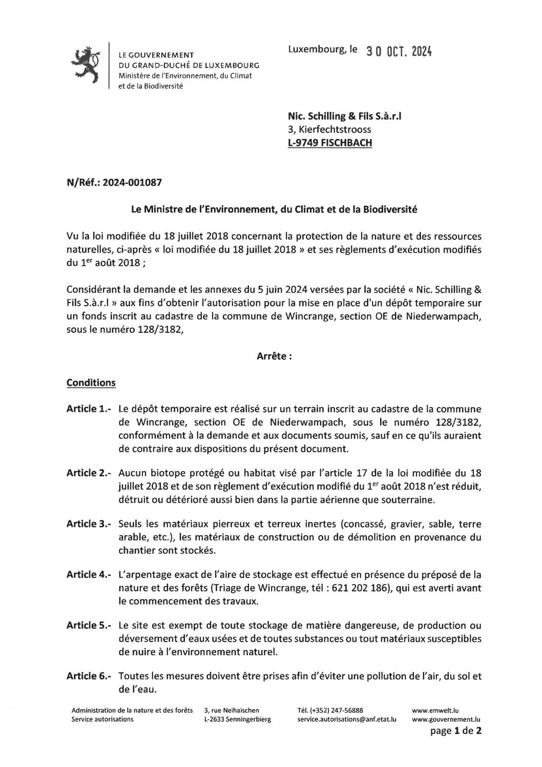 Autorisation: mise en place d'un dépôt temporaire à Niederwampach