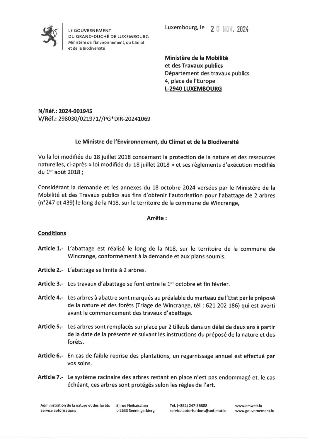 Autorisation: abattage de deux arbres le long de la N18