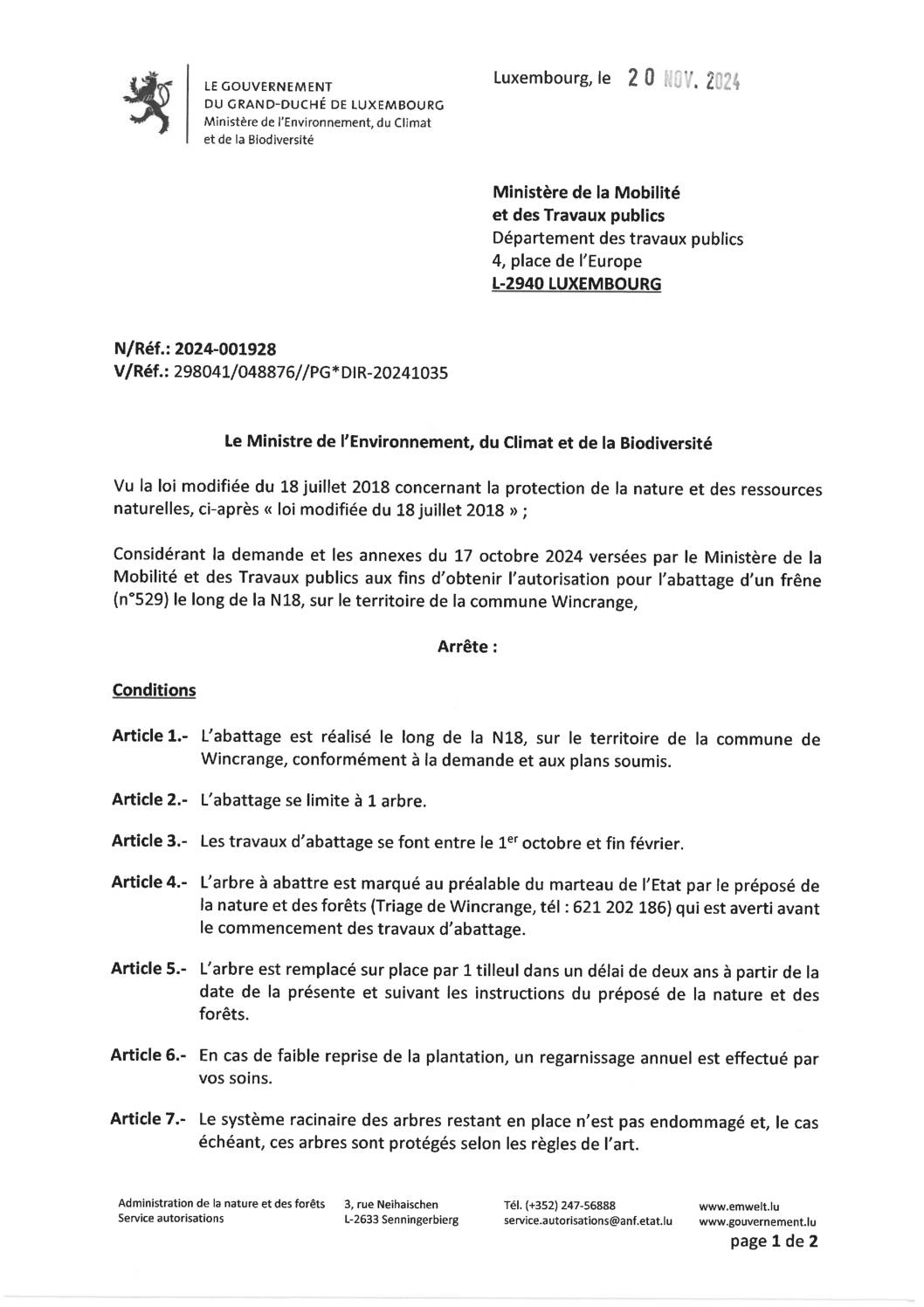 Autorisation: abattage d'un frêne le long de la N18