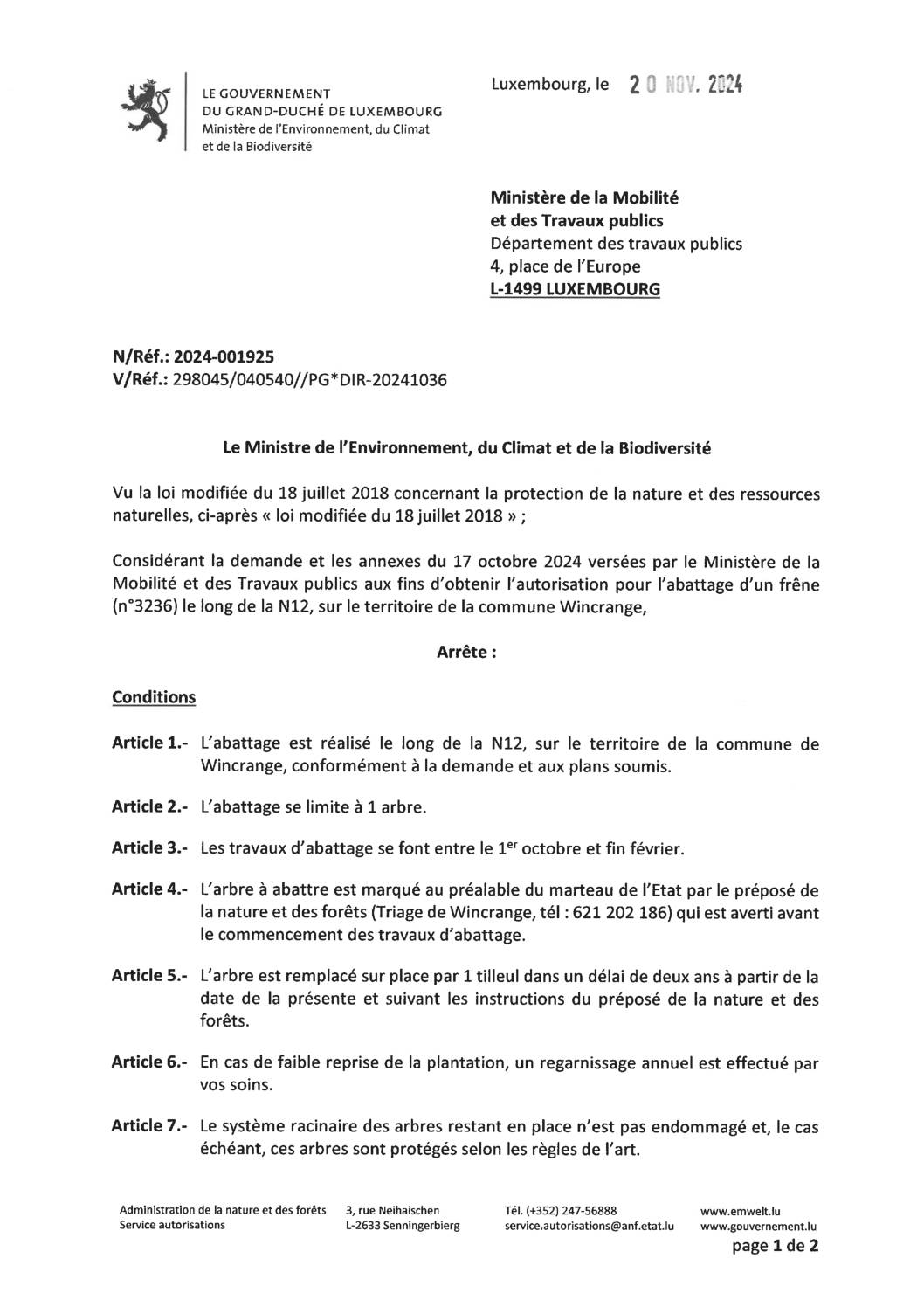 Autorisation: abattage d'un frêne le long de la N12