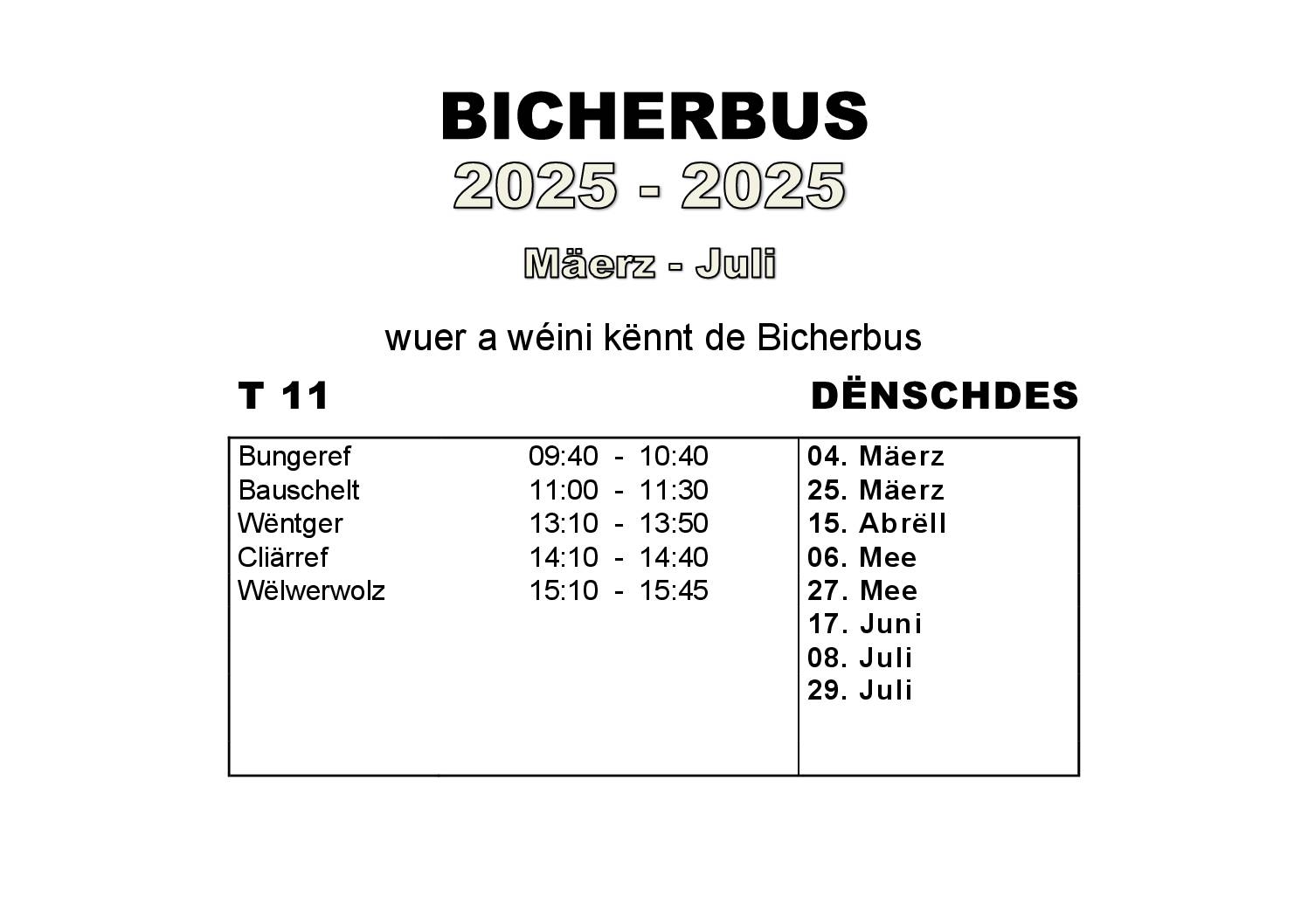 Bicherbus: programme mars à juillet 2025