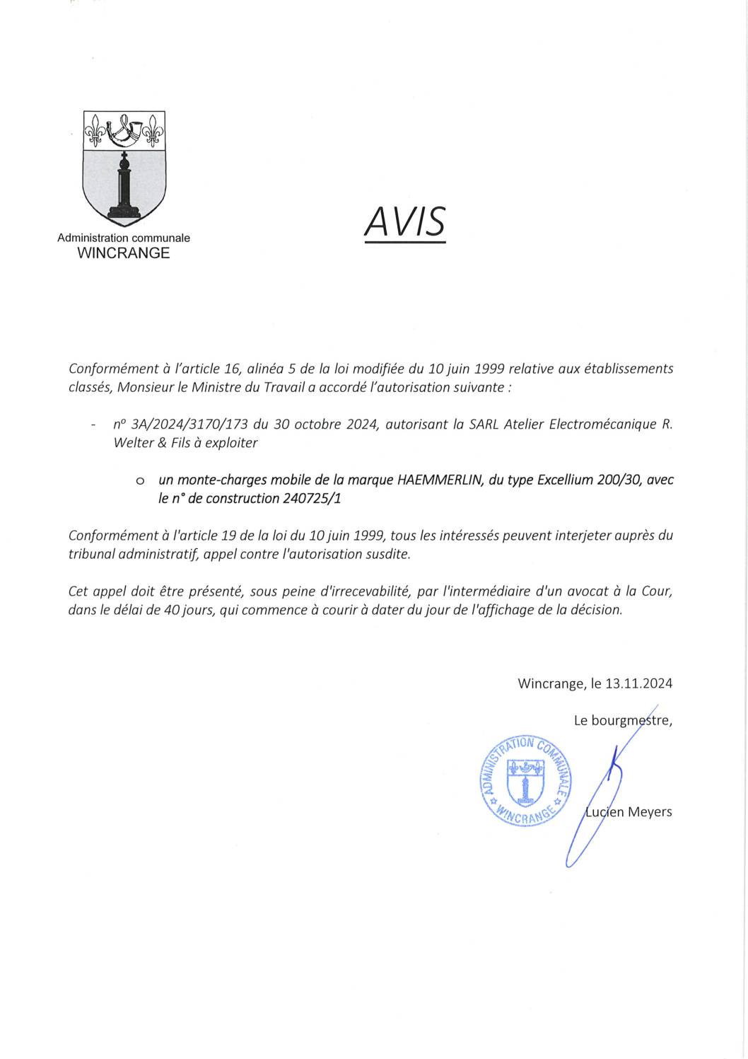 Avis: exploitations d'un monte-charges mobiles