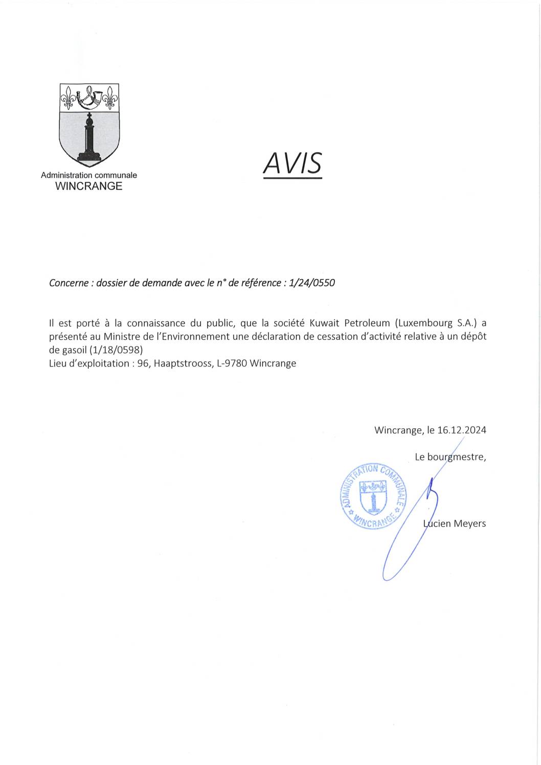 Avis: cessation d'activité relative à un dépôt de gasoil