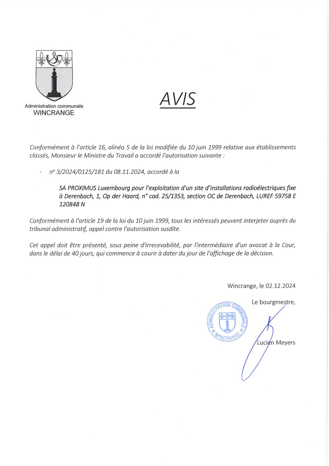 Avis: exploitation d'un site d'installations radioélectriques fixes à Derenbach