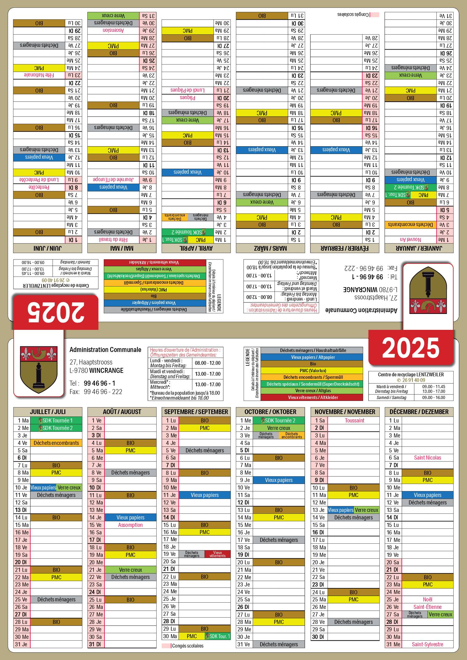 Calendrier de la collecte des déchets 2025