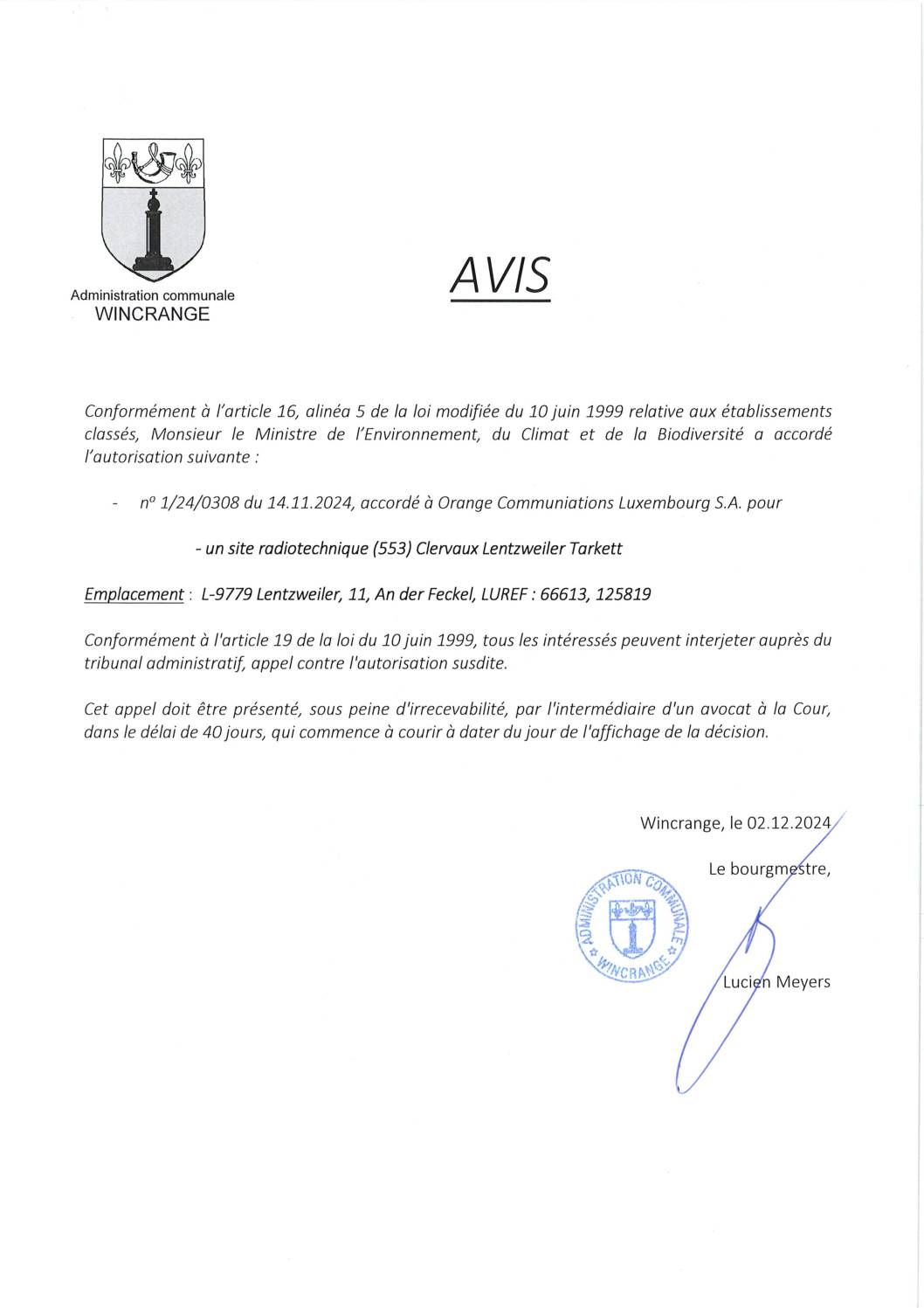 Avis: autorisation pour un site radiotechnique à Lentzweiler