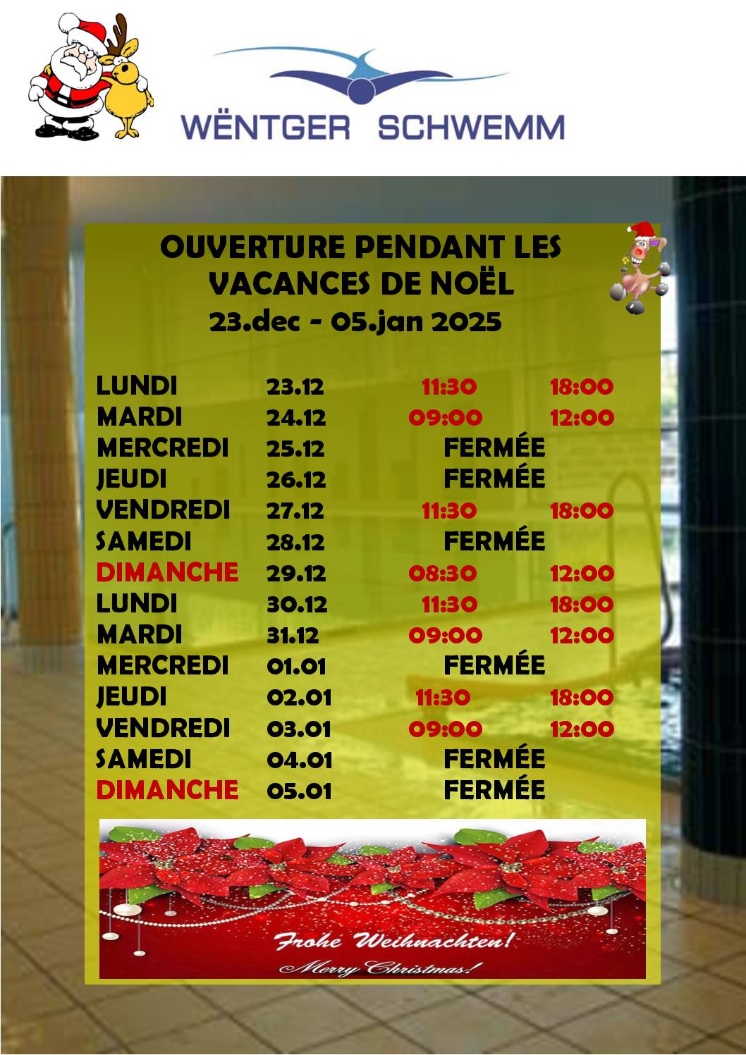 Piscine: ouverture pendant les vacances de Noël