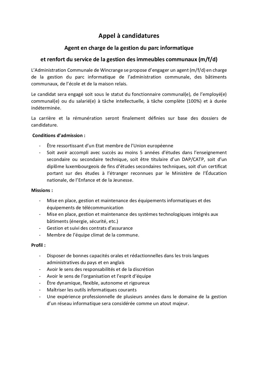 Appel à candidatures: Agent en charge de la gestion du parc informatique et renfort du service de la gestion des immeubles (m/f/d)