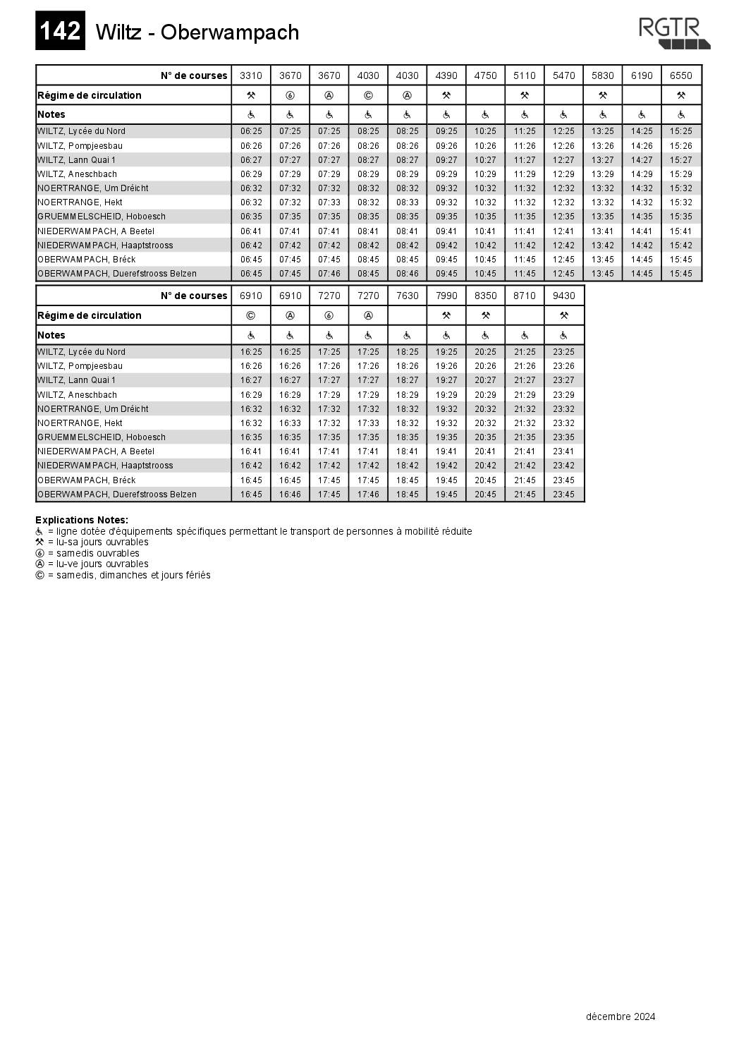 Adaptation des horaires RGTR le 15 décembre 2024