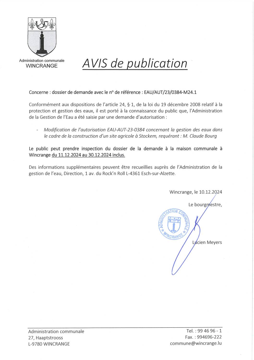 Avis de publication: modification de l'autorisation concernant la gestion des eaux