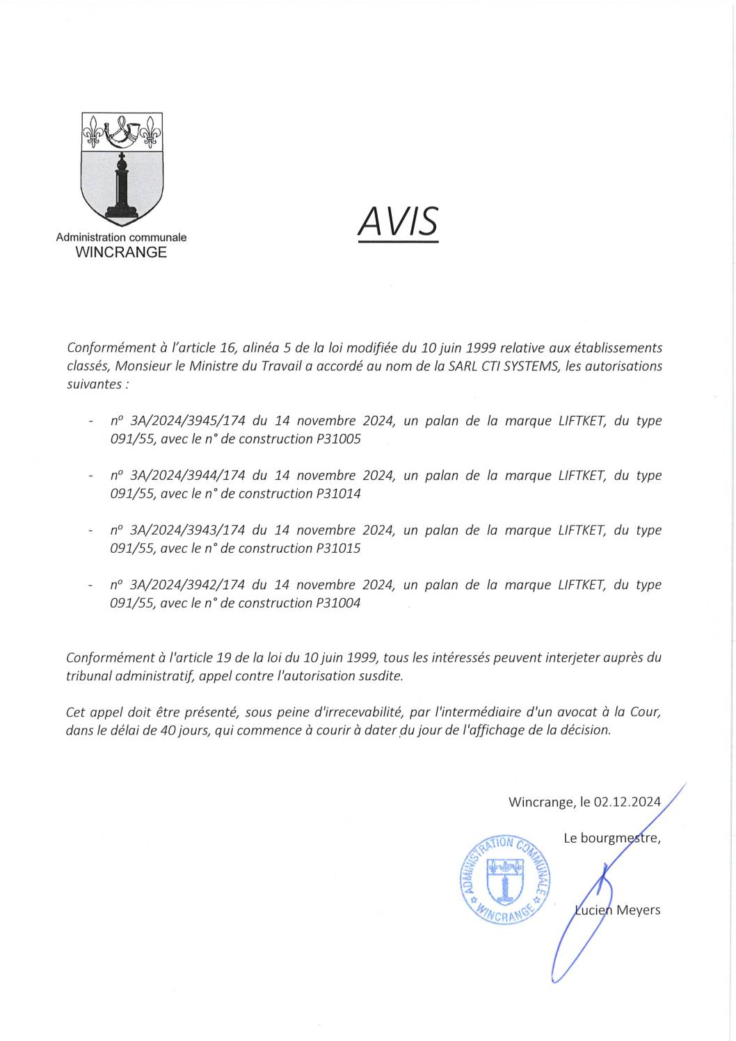 Avis: autorisations pour des palans