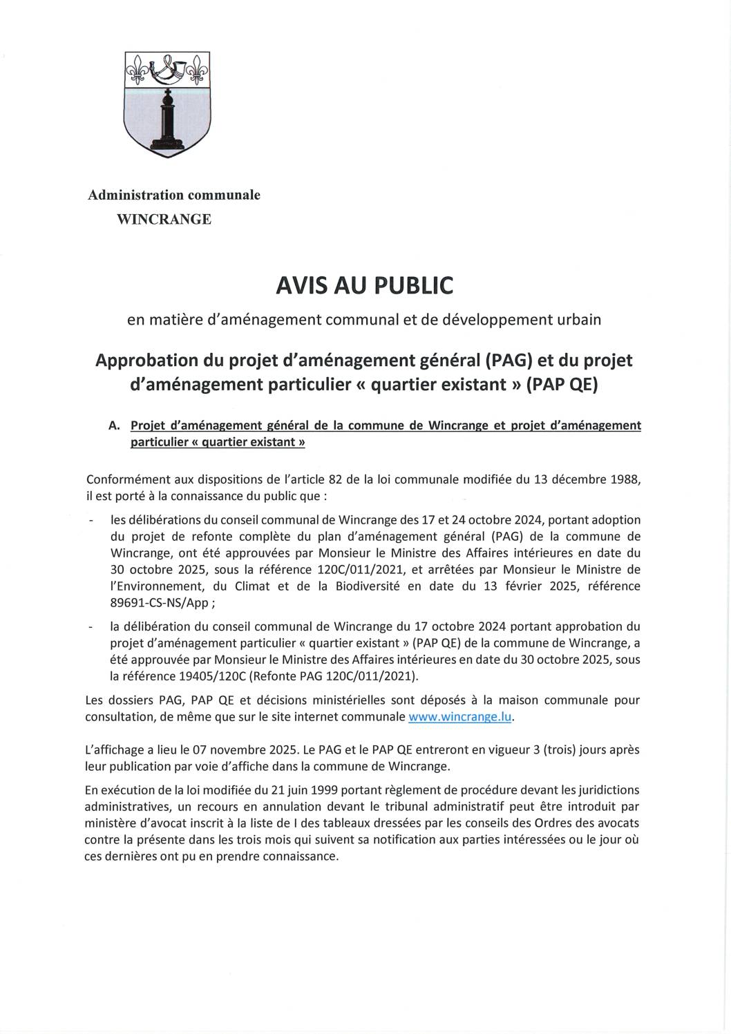 Avis au public: approbation du plan d’aménagement général et du projet d’aménagement particulier “quartier existant”