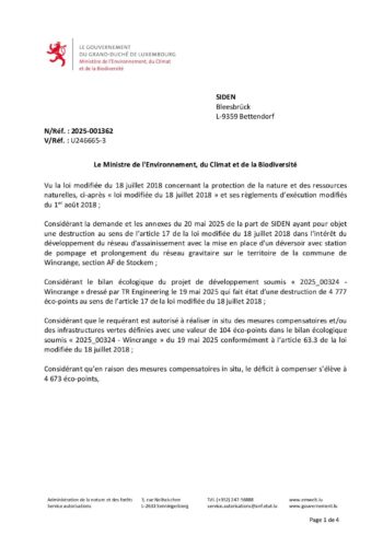 Autorisation: développement du réseau d'assainissement avec mise en place d'un déversoir avec station de pompage et prolongement du réseau gravitaire à Stockem