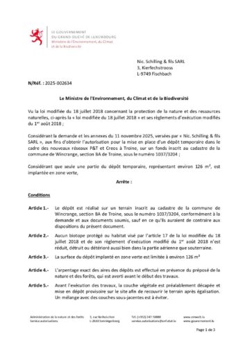 Autorisation: mise en place d'un dépôt temporaire dans le cadre de nouveaux réseaux P&T et Creos à Troine