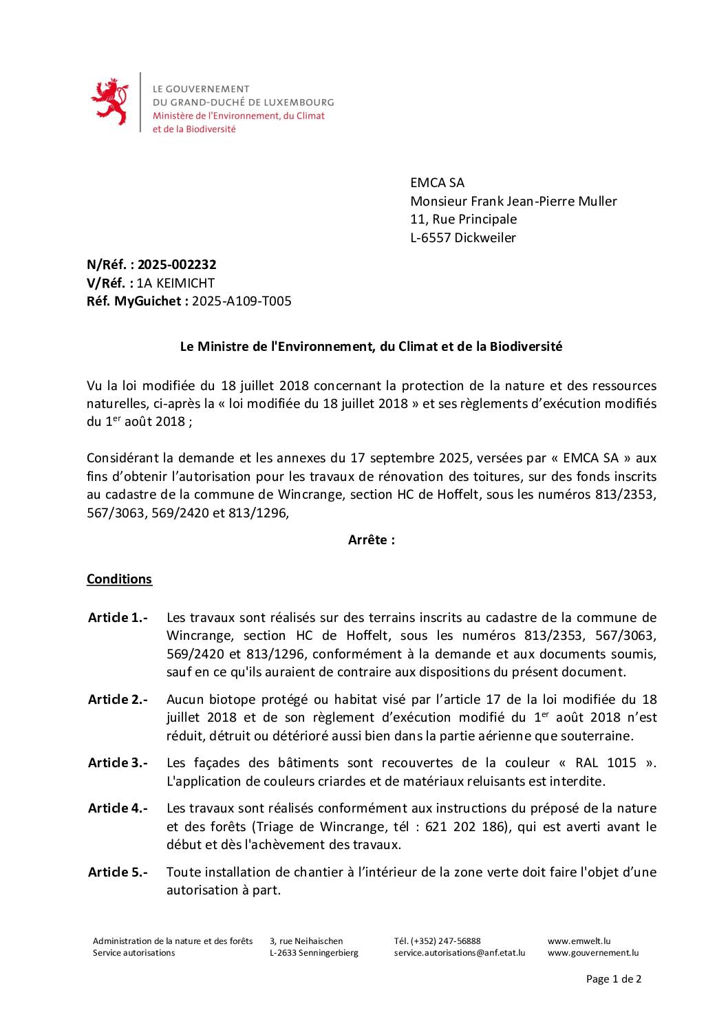 Autorisation: travaux de rénovation de toiture à Hoffelt