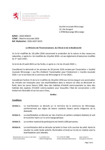Autorisation: événement "marche musicale 2026" sur le territoire de la commune de Wincrange