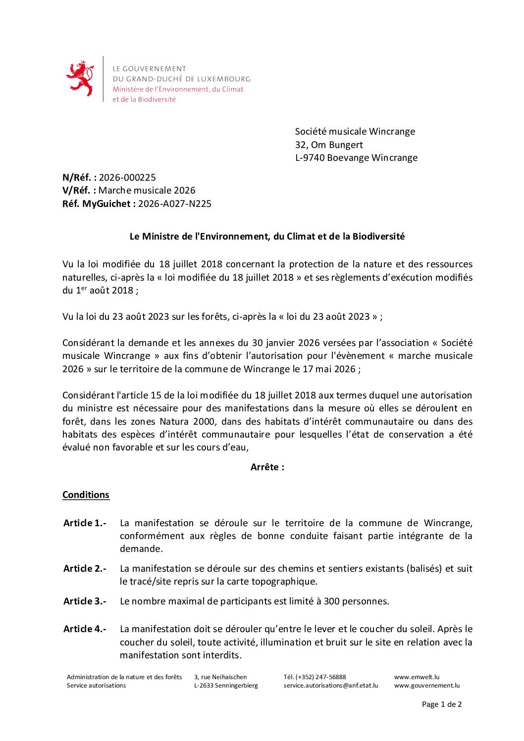 Autorisation: événement “marche musicale 2026” sur le territoire de la commune de Wincrange