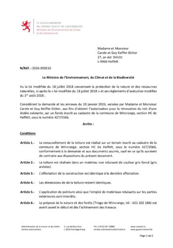 Autorisation: rénovation du toit d'une étable existante à Hoffelt