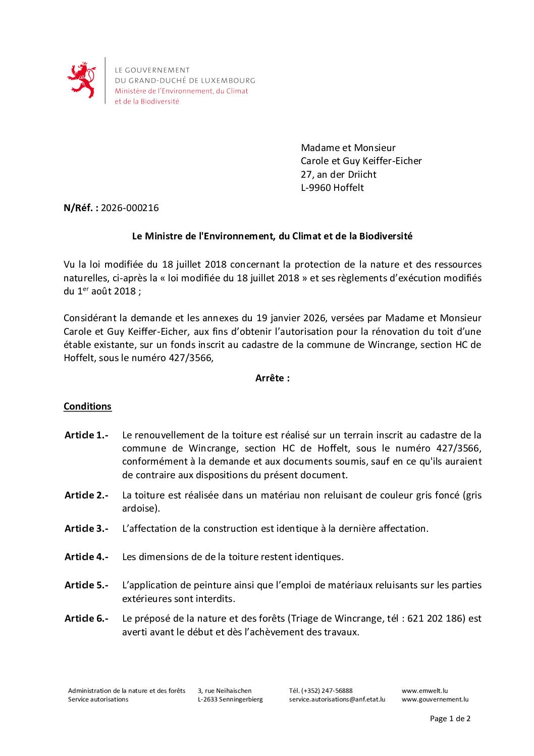 Autorisation: rénovation du toit d’une étable existante à Hoffelt