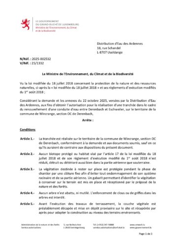 Autorisation: réalisation d'une tranchée dans le cadre du renouvellement d'une conduite d'eau entre Derenbach et Eschweiler