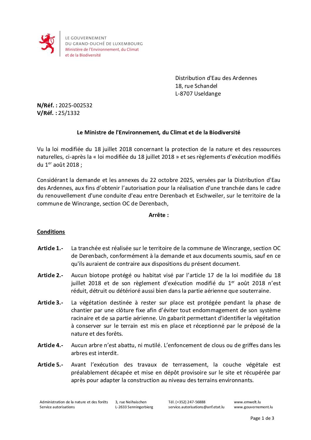 Autorisation: réalisation d’une tranchée dans le cadre du renouvellement d’une conduite d’eau entre Derenbach et Eschweiler