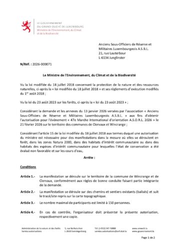 Autorisation: événement "47e Marche internationale d'orientation A.S.O.R.L. 2026