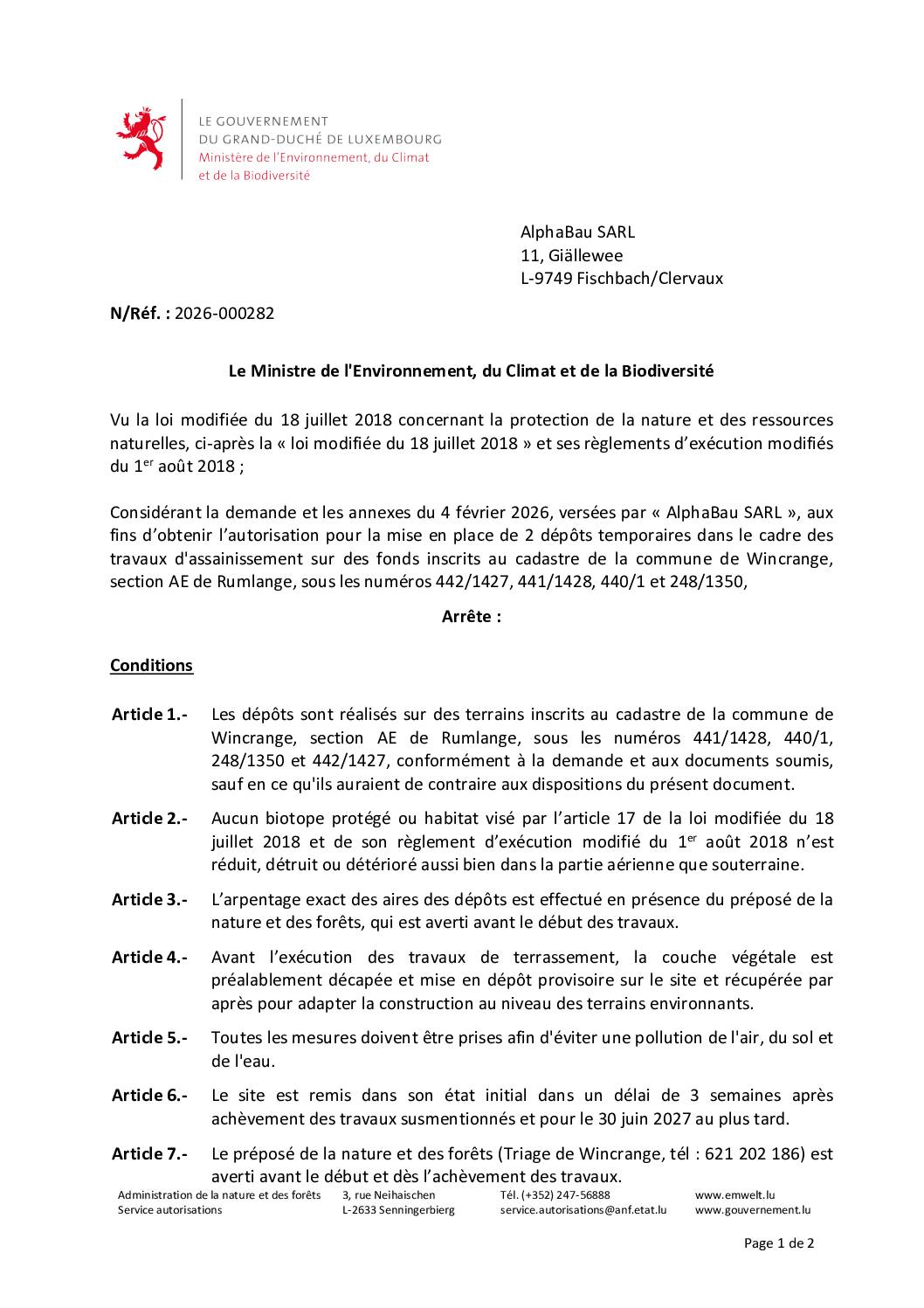 Autorisation: mise en place de 2 dépôts temporaires dans le cadre de travaux d’assainissement à Rumlange