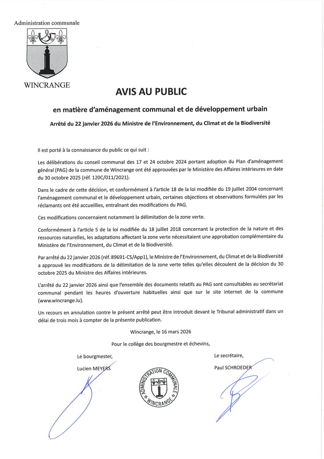 Avis au public: aménagement communal et développement urbain