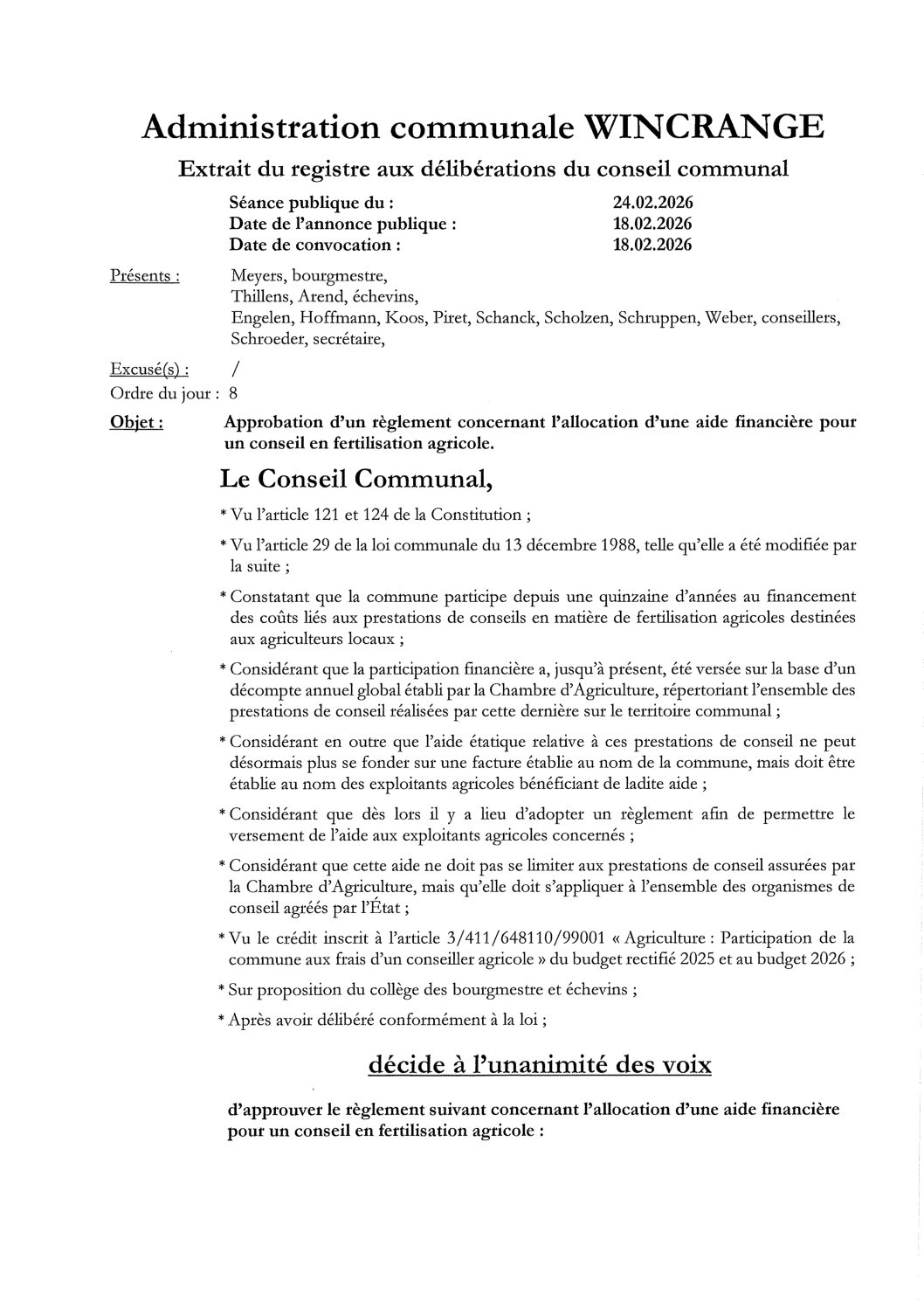 Règlement relatif l'allocation d'une aide financière pour un conseil en fertilisation agricole