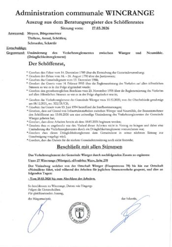 Règlement de circulation: le chemin vicinal menant de Wincrange à "Neimillen" barré à la circulation à partir du 18 mars jusqu'à finalisation des travaux