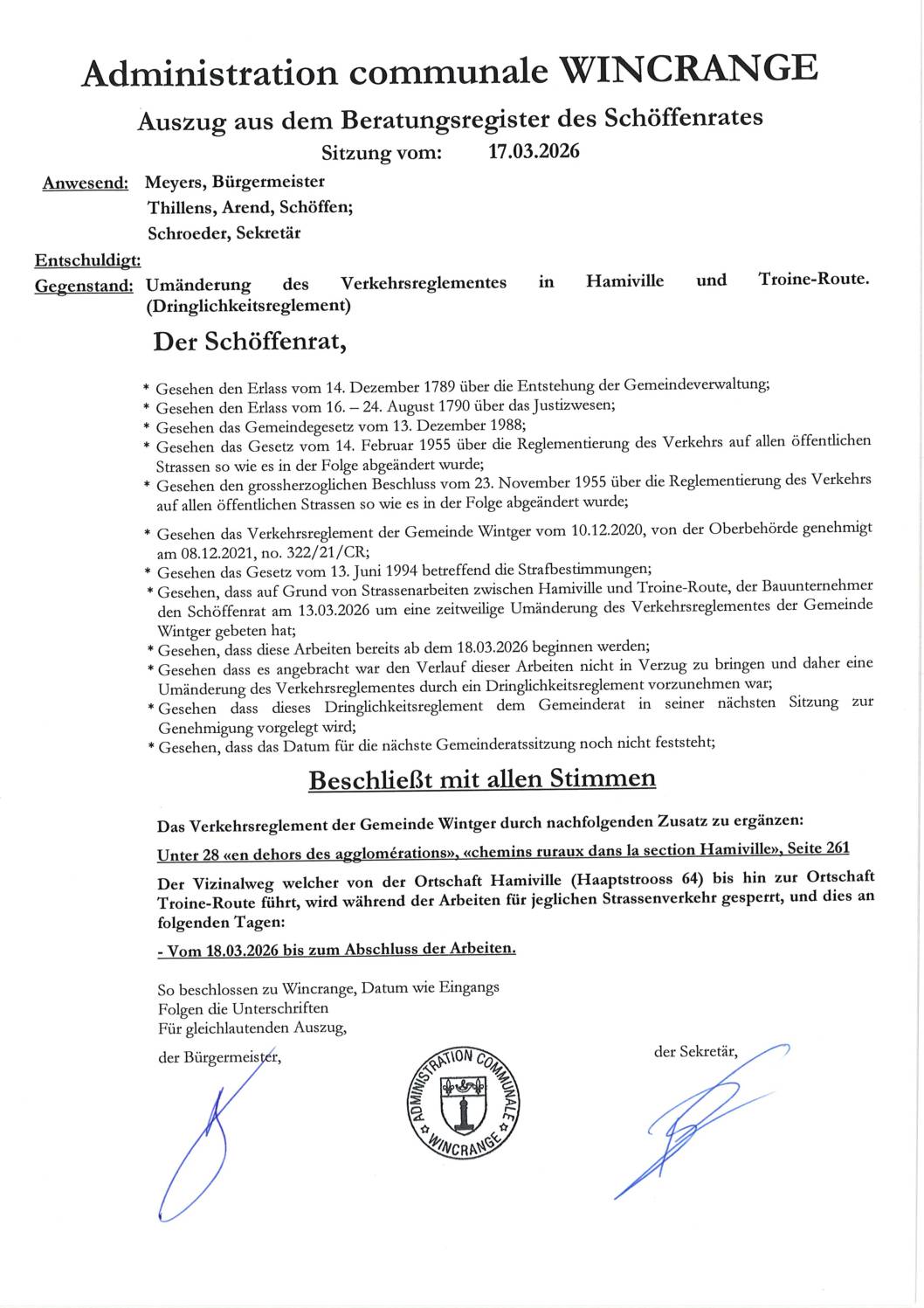 Règlement de circulation: le chemin vicinal menant de Hamiville à Troine-Route barré à la circulation à partir du 18 mars jusqu’à finalisation des travaux