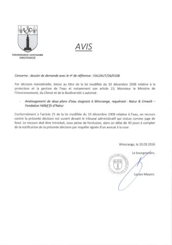 Avis: aménagement de deux plans d'eau stagnant à Wincrange