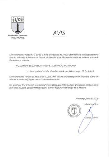 Avis: cessation d'activité d'un réservoir à gaz à Doennange