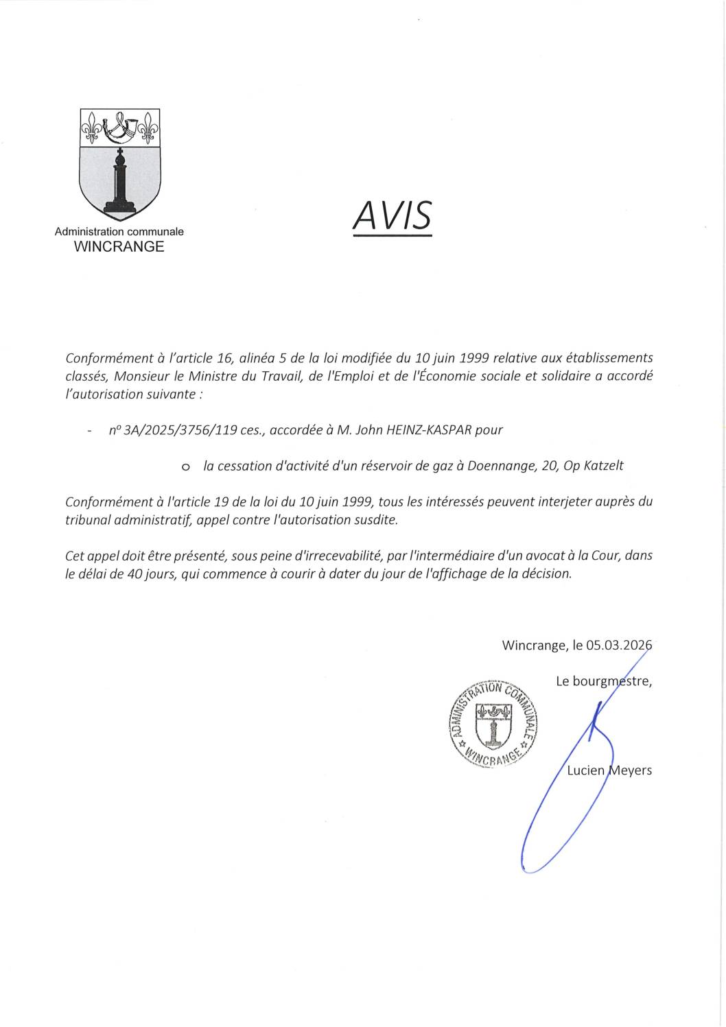 Avis: cessation d’activité d’un réservoir à gaz à Doennange