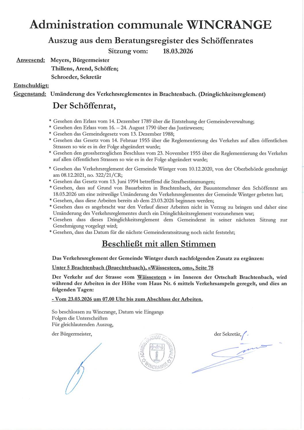 Règlement de circulation: la circulation est réglée par des feux tricolores sur la rue “om Wäissesteen” à Brachtenbach, à partir du 23 mars jusqu’à finalisation des travaux