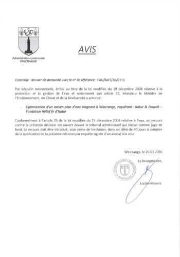 Avis: optimisation d'un ancien plan d'eau stagnant à Wincrange