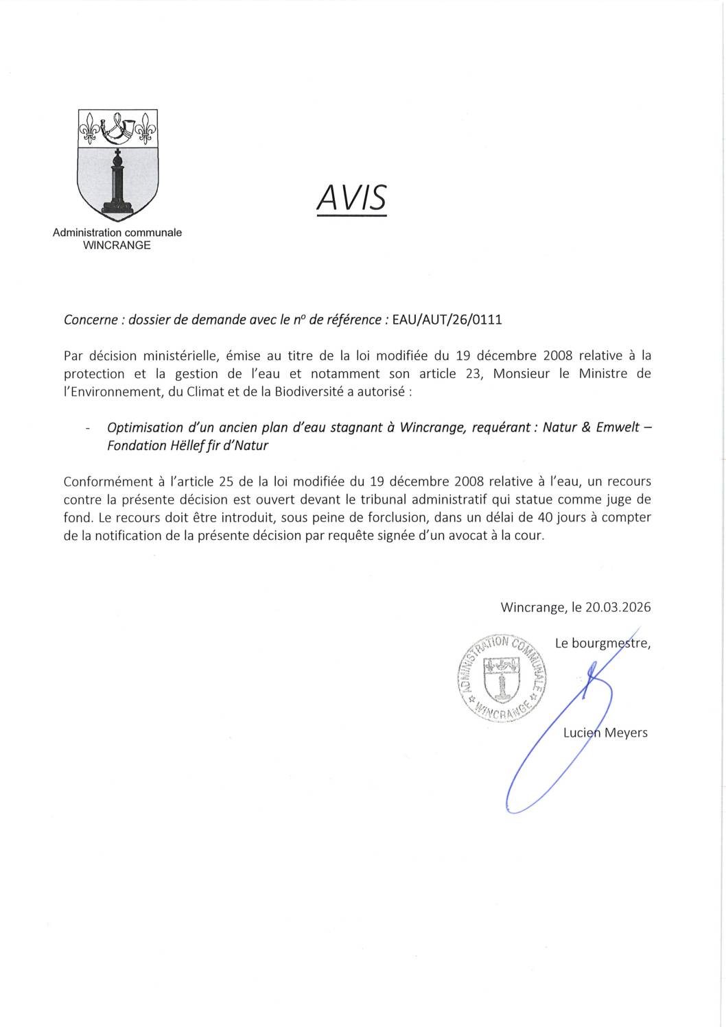 Avis: optimisation d’un ancien plan d’eau stagnant à Wincrange