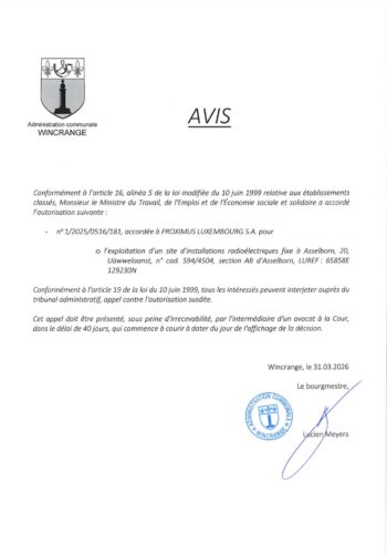 Avis: exploitation d'un site d'installations radioélectriques à Asselborn