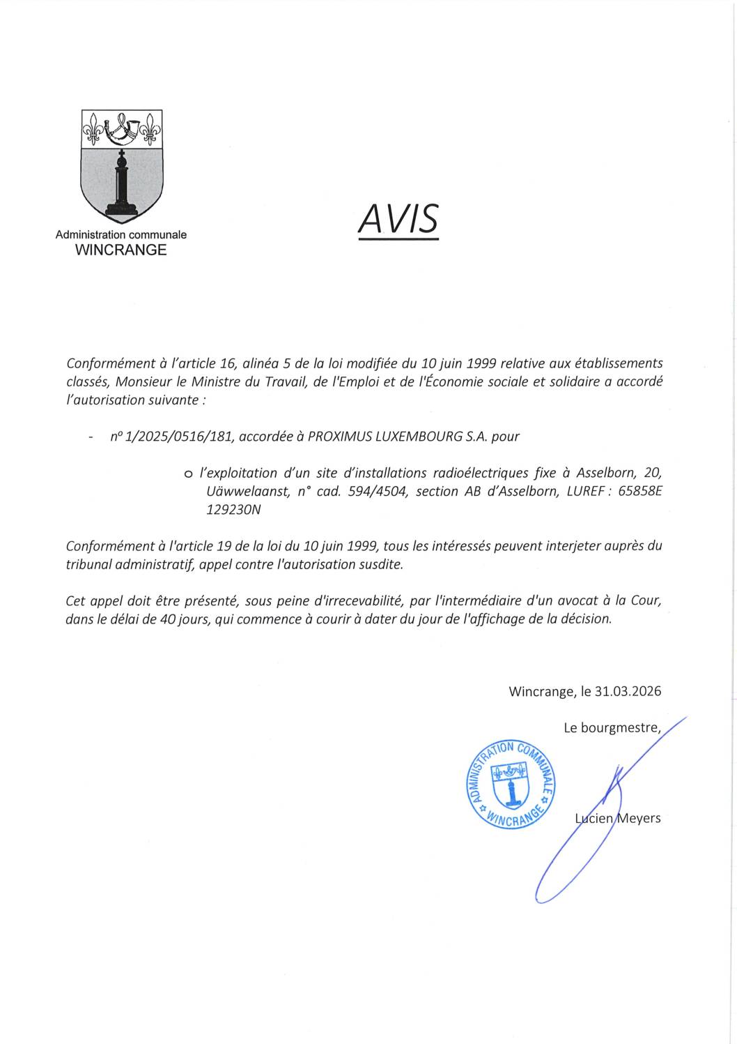 Avis: exploitation d’un site d’installations radioélectriques à Asselborn