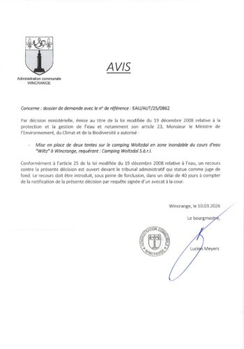 Avis: mise en place de 2 tentes sur le camping Woltzdal en zone inondable du cours d'eau "Wiltz" à Wincrange