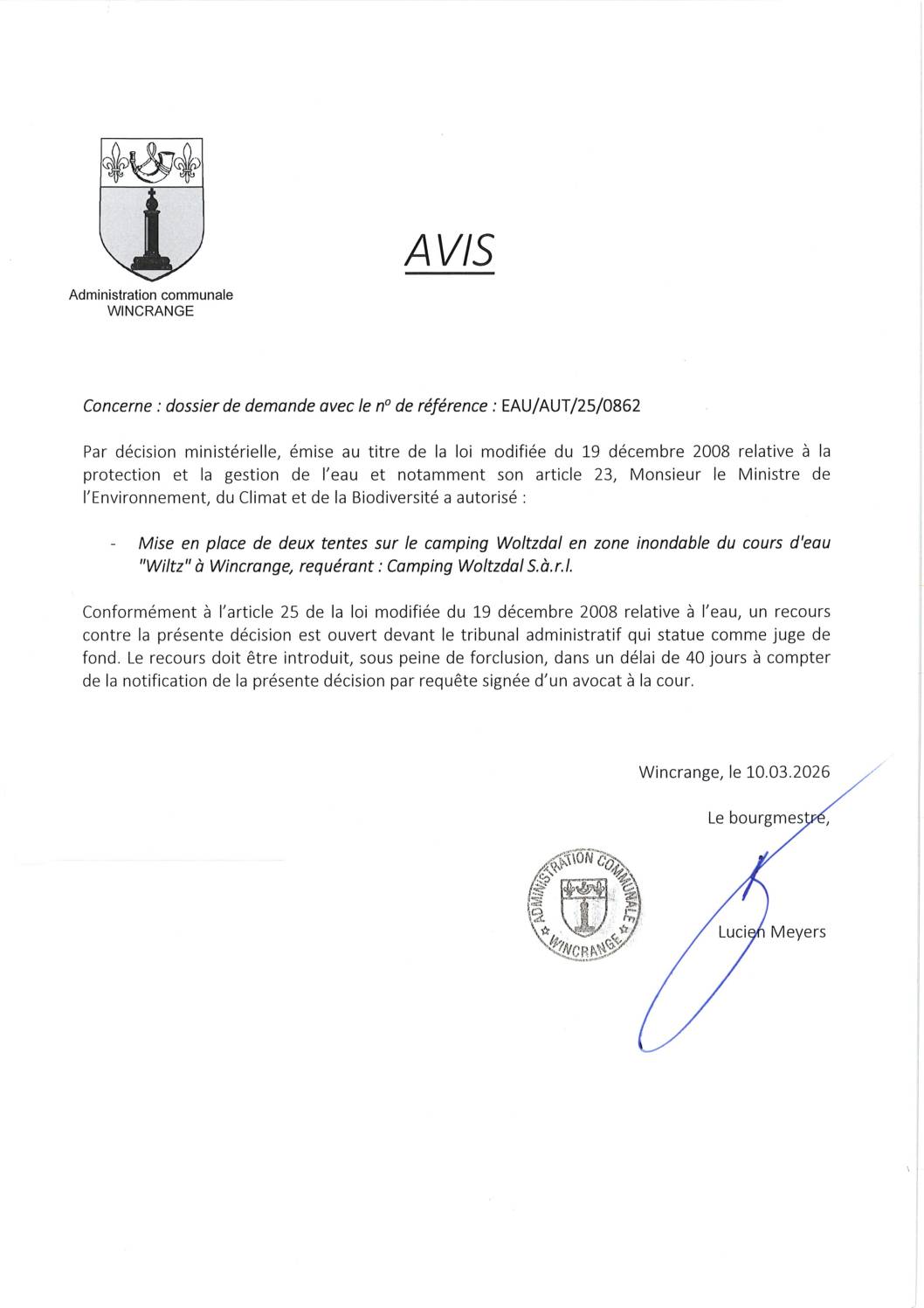 Avis: mise en place de 2 tentes sur le camping Woltzdal en zone inondable du cours d’eau “Wiltz” à Wincrange